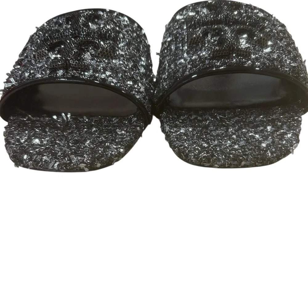 Tory Burch Eleanor Pavé Slide Sandals womens 10 Silver Confetti Sparkle Logo